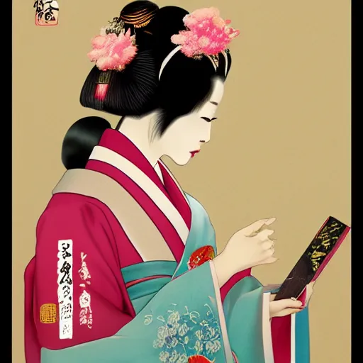 Prompt: character, light colors sophisticated geisha in a beautiful rich colored silk kimono, holding ornate hand fan with Chinese letters, matte paper curling japanese poster delicate delicious light octane rendering hyperrealism