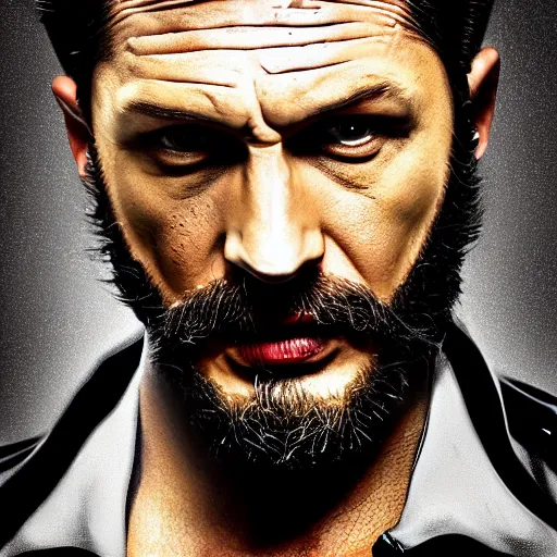 Image similar to Tom Hardy as wolverine in Black Damaged leather suit Digital art 4K quality Photorealism