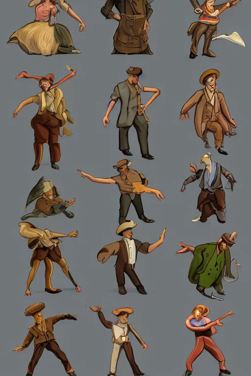 Prompt: game asset sheet, material study, 2 d sprite, 1 9 0 0 s era characters from california dancing or standing