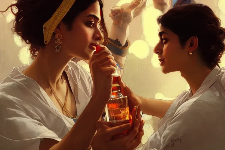 Image similar to Anxious good looking pale young Indian doctors drinking, portrait, elegant, intricate, digital painting, artstation, concept art, smooth, sharp focus, illustration, art by artgerm and greg rutkowski and alphonse mucha