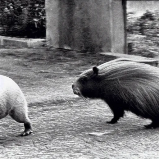 Image similar to Scared Karl Marx running away in panic from Capybara, photo, 1960