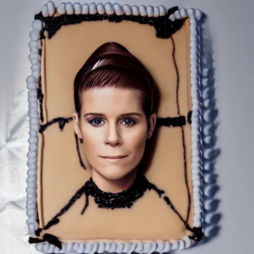 Image similar to a cake with vanilla frosting in the shape of the face of kate mara, 4 k, hyperdetailed, photorealism