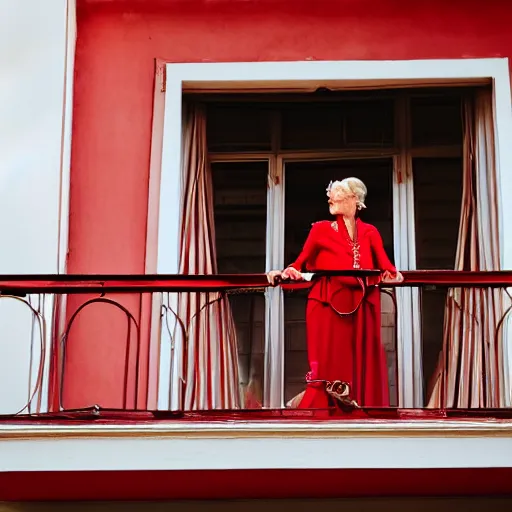 Prompt: Medium Shot portrait of a very well-dressed old lady in a balcony of a red hotel, photo made by Wes Anderson award winning, 4K