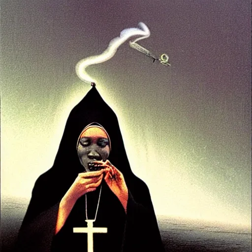 Image similar to a black nun wearing shiny jewelry, she's smoking a cigar and puffing smoke, by Beksinski, star-shaped lens flare