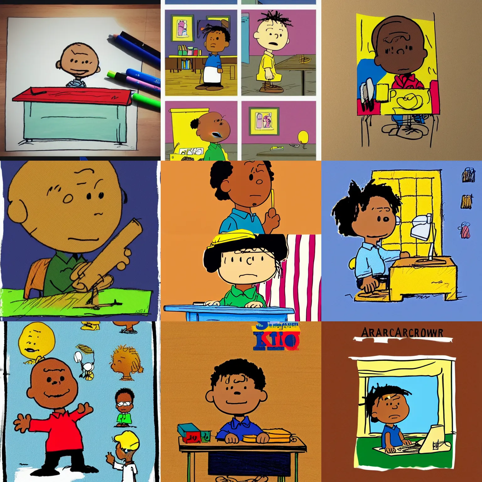 Prompt: a cute simple kid's crayon illustration of a young african - american 👦🏿 entrepreneur working at his home computer in his office, artstation, in the style of peanuts and charlie brown, by rossdraws and artgerm and studio ghibli and basquiat, masterpiece, no type, no words, no letters, hd, award winning, solid color background
