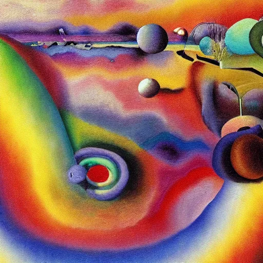 Image similar to an extremely high quality hd surrealism painting of the 3 d soul of polymer clay rainbow skinner blends by dali and kandinsky on a starry black canvas, 8 k, ultra realistic