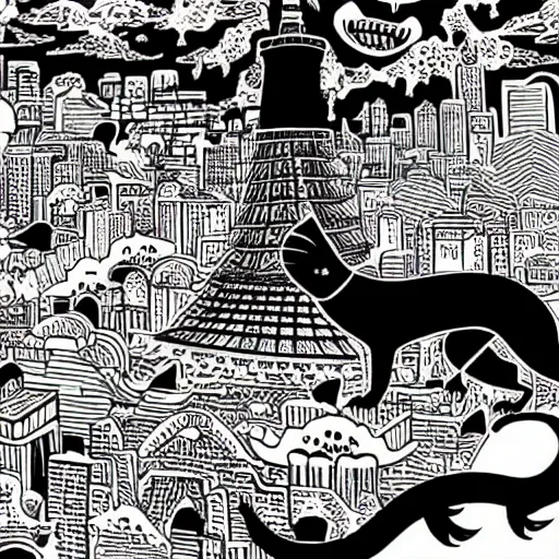 Image similar to mcbess illustration of a giant cat monster attacking tokyo tower