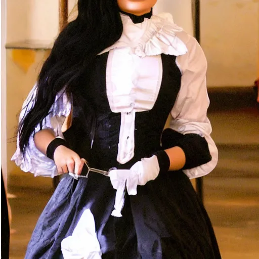 Prompt: kylie jenner in 2 b cosplaying victorian maid outfit light cinematography photoshoot