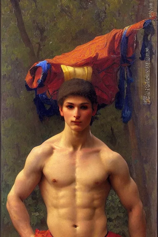 Image similar to Portrait of a young muscular Russian olympic athlete man, orientalist, victor Nizovtsev, bouguereau
