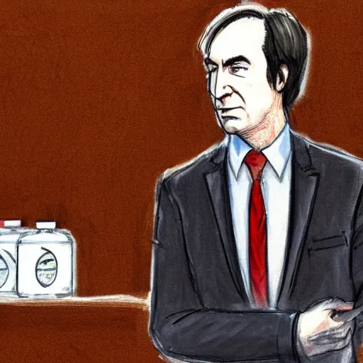 Prompt: courtroom sketch of saul goodman representing a bottle of ranch dressing