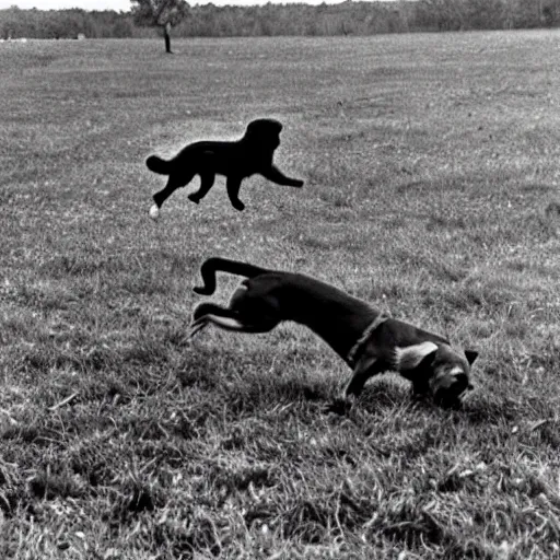 Prompt: dog riding a yet that's crashing down a grass field, catastrophe, 1 9 5 7