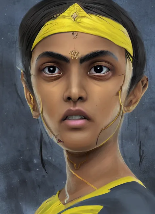 Image similar to An epic fantasy comic book style portrait painting of a young Indian woman named Immodi, very expressive, dark piercing eyes, tomboy, mischievous, smirk, round face, very dark tan skin, futuristic short black hair style, wearing a blue and yellow soccer uniform, arms crossed, unreal 5, DAZ, hyperrealistic, octane render, cosplay, RPG portrait, dynamic lighting