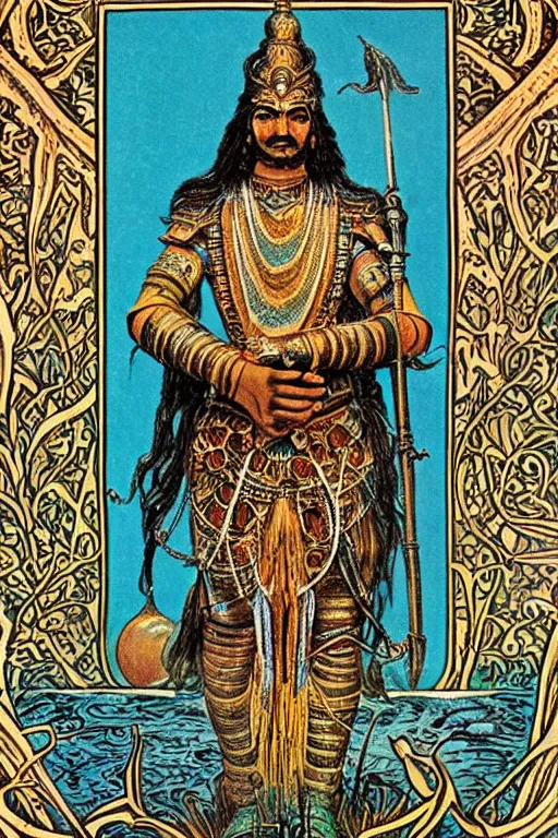 Image similar to Portrait of an shiva with long hair wearing armor with ornate bronze and gold, Art Noveau retro science fiction cover by William Morris and Kelly Freas (1965), vintage 1960 print, tarot card, vivid, highly detailed, cgsociety, artgerm