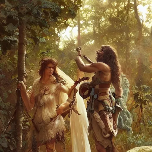 Image similar to Neanderthal wedding, historically accurate, highly detailed, highly detailed, digital painting, artstation, concept art, smooth art, sharp focus, illustration, art by artgerm and greg rutkowski and alphonse mucha and loish and WLOP