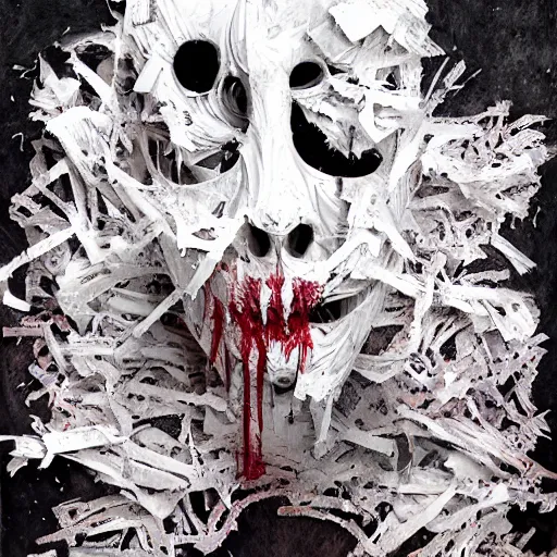 Prompt: multiple faces shredded like paper masks screaming, dark horror, surreal, drawing, painting,