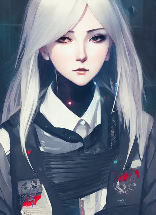 Image similar to portrait Anime girl cyberpunk, cute-fine-face, white-hair pretty face, realistic shaded Perfect face, fine details. Anime, cyberpunk. realistic shaded lighting by Ilya Kuvshinov and Gustav Klimt