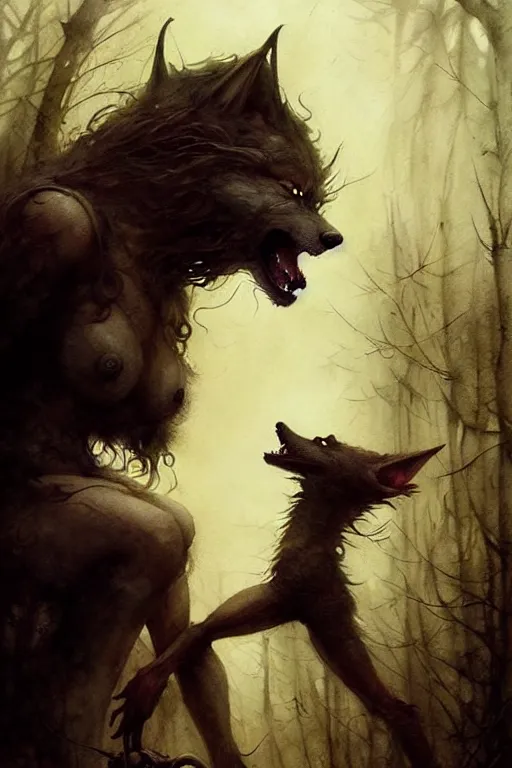 Image similar to werewolf and a witch | esoteric symbolism | jean - baptiste monge, esao andrews, bastien lecouffe - deharme, tim jacobus, ken currie | ultra - detailed realism, soft cinematic lighting, hi - fructose, artstation, high - quality, ink watercolors wes anderson poster art