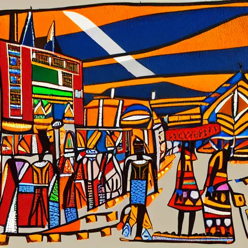 Prompt: ndebele city of the future, ndebele painted street scene, high definition, detailed, futuristic, night scene, realistic