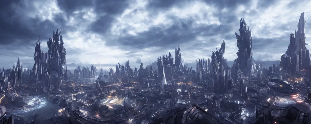 Prompt: majestic futuristic elf city, epic scale, dramatic buildings, dramatic clouds, cinematic sky, 8 k, unreal engine 5