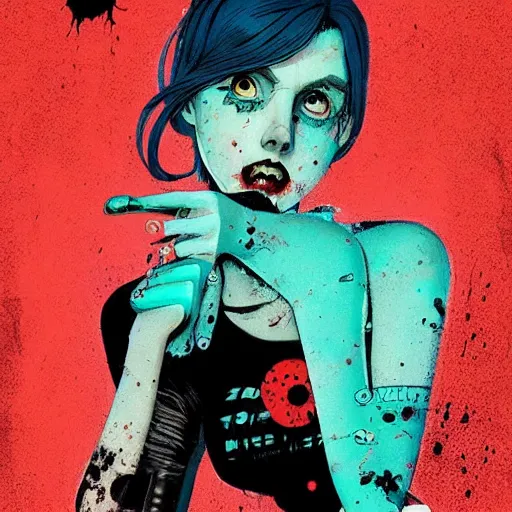 Prompt: Highly detailed portrait of pretty punk zombie young lady with, freckles and beautiful hair by Atey Ghailan, by Loish, by Bryan Lee O'Malley, by Cliff Chiang, inspired by image comics, inspired by graphic novel cover art, inspired by izombie !! Gradient red, black and white color scheme ((grafitti tag brick wall background)), trending on artstation