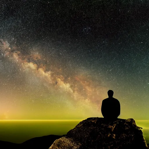 Image similar to 4K ultra HD detailed award-winning wallpaper of silhouette of man sitting on top of mountain cliff looking at huge vast sky storm Milky way