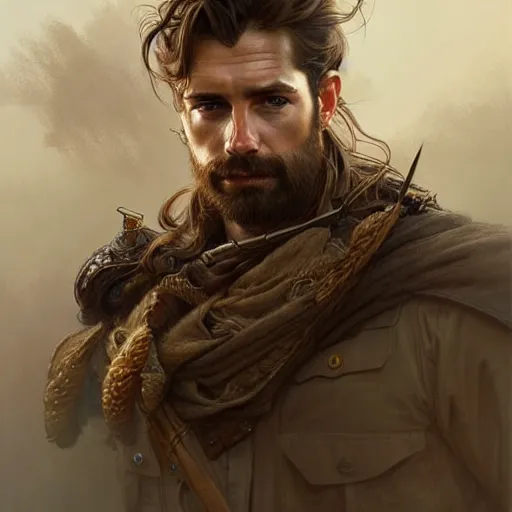 Image similar to Portrait of rugged male ranger, D&D, amber eyes, face, long hair, muscular, fantasy, intricate, elegant, highly detailed, digital painting, artstation, concept art, smooth, sharp focus, illustration, art by artgerm and greg rutkowski and alphonse mucha