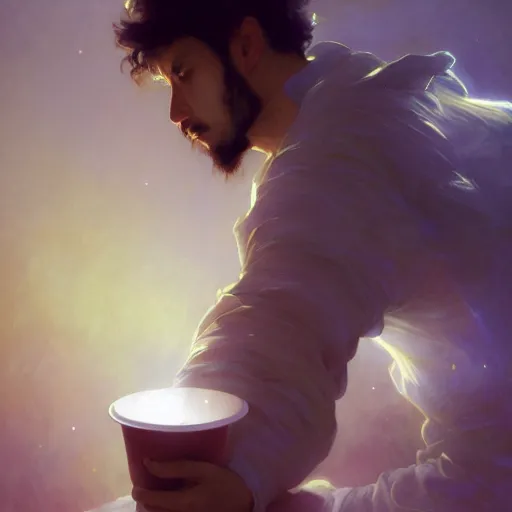 Image similar to A man drinking a cup of cosmic energy bright light, illustration by Ruan Jia and Mandy Jurgens and William-Adolphe Bouguereau, Artgerm, 4k, digital art, surreal, anime style, space dandy style, highly detailed, godsend, artstation, digital painting, concept art, smooth, sharp focus, illustration by Ruan Jia and Mandy Jurgens and William-Adolphe Bouguereau, Artgerm