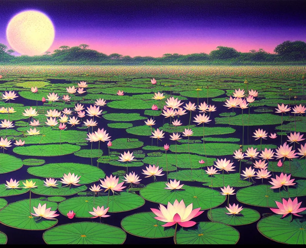 Image similar to a landscape pastel in the style of noriyoshi ohrai and mark tedin of a holy field of lotus flowers, night time. key art. 4 k retrofuturistic fantasy