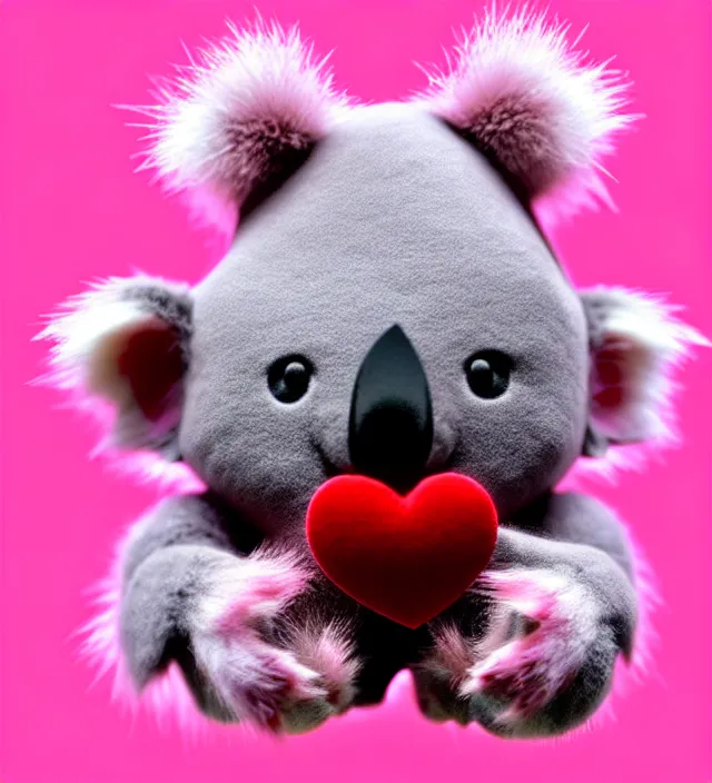 Prompt: high quality 3 d render hyperrealistic very cute small pink koala holding red heart, fog, steam, smoke, plush mascot, short spiky dense fluffy smooth hair, photo from the side, pink fluffy fur, 1 5 0 mm, beautiful natural soft light, rim light, smooth background, artstation, ultra detailed, elegant, ultra detailed, metallic armor, octane render