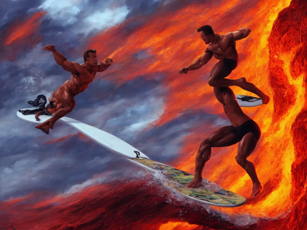 Image similar to detailed full body portrait of an arnold schwarzenegger surfing on lava wave by boris vallejo, fire lake, stunning scene, 8 k, digital painting, hyperrealism, bright colors, trending on artstation