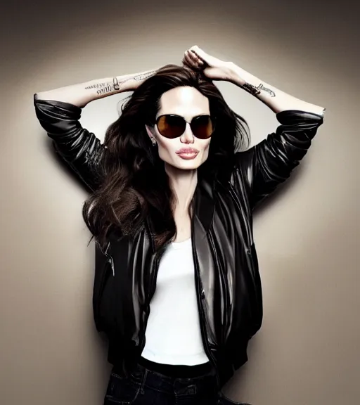 Prompt: detailed attractive characther portrait of angelina jolie wearing oversized leather puffy black bomber jacket and waring sunglasses, realistic, wide angle, dramatic light 8 k