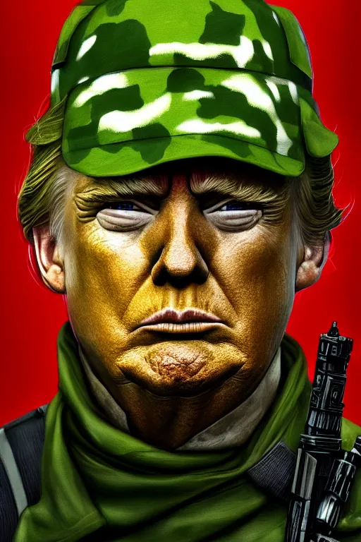 Prompt: Donald Trump as a Rebel Soldier from Star Wars, green camoflauge, realistic portrait, symmetrical, highly detailed, digital painting, artstation, concept art, smooth, sharp focus, cinematic lighting, art by Ralph McQuarry