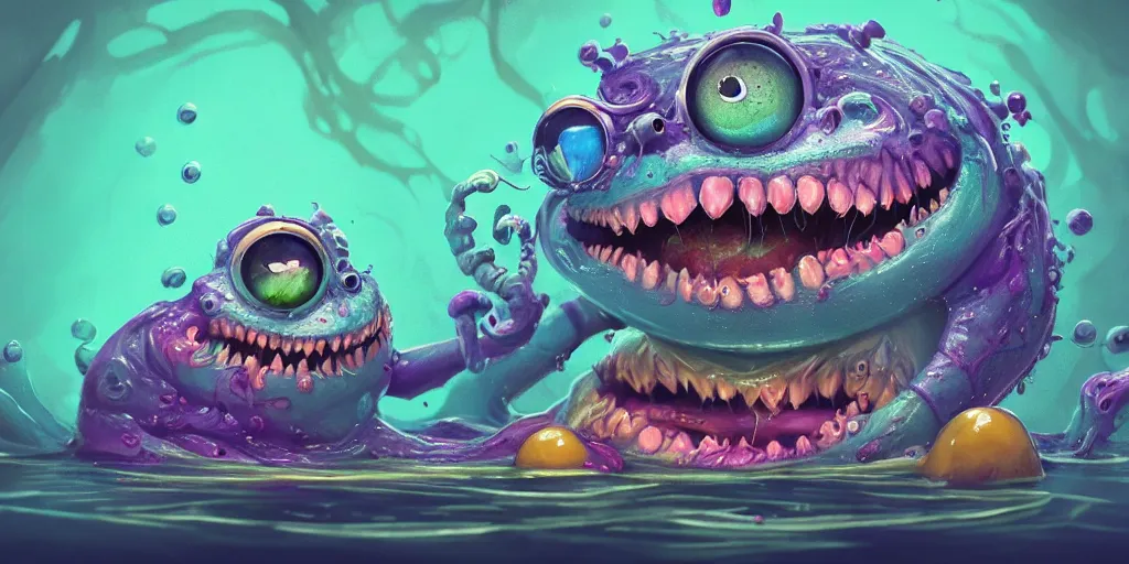 Prompt: of an intricate murky colorful lake with strange cute friendly happy creatures with huge eyes long tongue round teeth and funny face appearing from the water, in the style of craola, macro lens, shallow depth of field, highly detailed, digital painting, trending artstation, concept art, illustration, cinematic lighting, vibrant colors, photorealism, epic, octane render