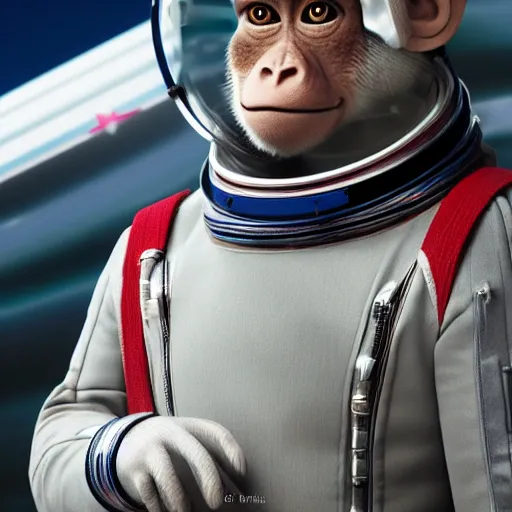 Prompt: monkey with Russian astronaut suit style of the television series Shin Complete Thunderbirds, realistic, many details, ultra detailed, octane render, HDR