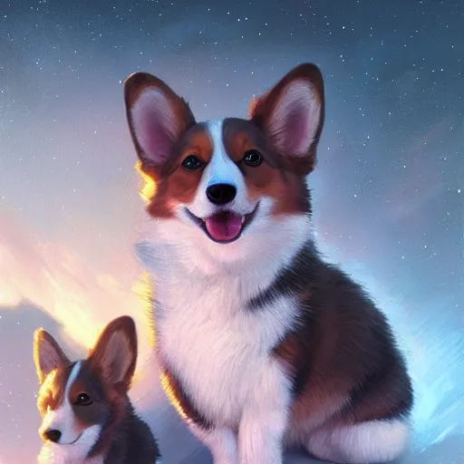 Prompt: the most adorable corgi puppy, super cute, hyperrealistic, very lifelike, extremely detailed, night sky background, beautiful digital illustration by artgerm, moebius, greg rutkowski, ruan jia, simon stalenhag, makoto shinkai, trending on artstation, 8 k, masterpiece, award - winning