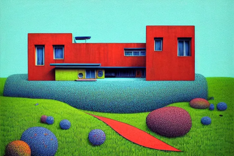 Image similar to surreal glimpse into other universe, house by frank lloyd wright, summer morning, very coherent and colorful high contrast, art by!!!! gediminas pranckevicius!!!!, geof darrow, floralpunk screen printing woodblock, dark shadows, hard lighting, stipple brush technique,