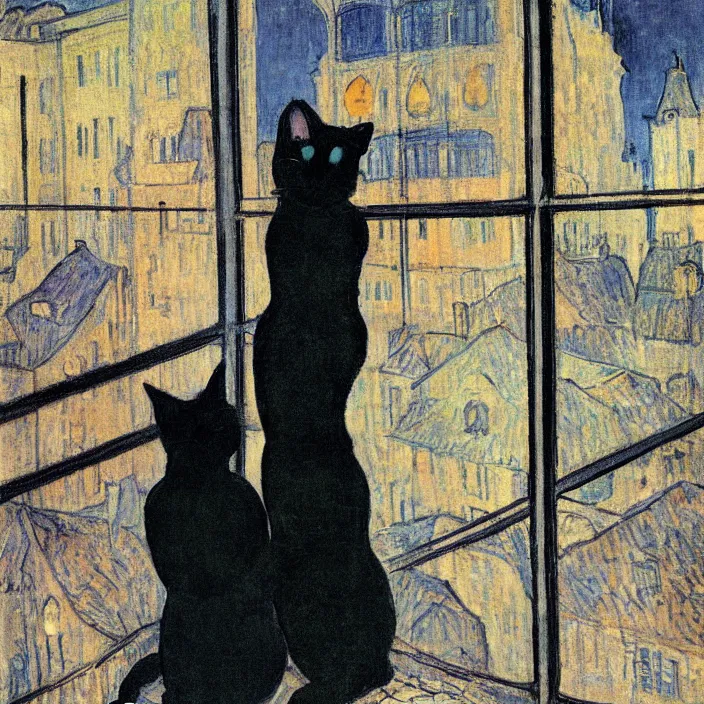 Image similar to couple under a baldachin with city seen from a window frame at night. fuzzy black cat. henri de toulouse - lautrec, utamaro, matisse, felix vallotton, monet