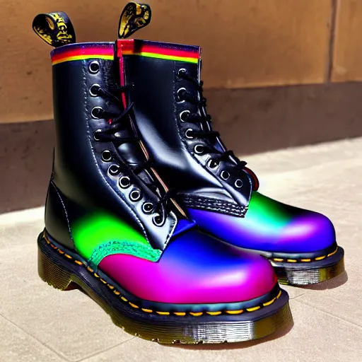 Prompt: a black leather dr martens boot with rainbow laces