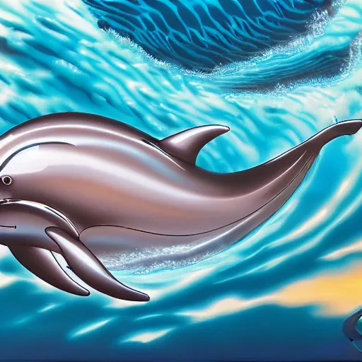 Image similar to robotic dolphin inside a wave tube in the north shore, hawaii, sunset, airbrush, chrome, hajime sorayama, 4 k