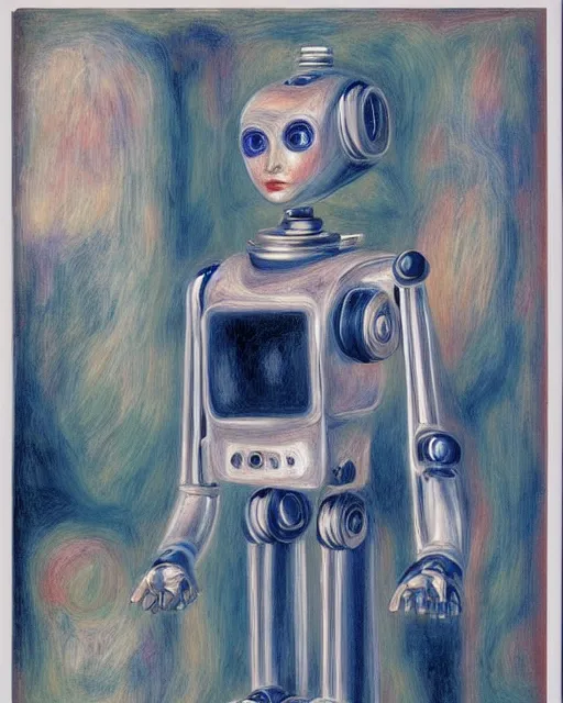 Image similar to portrait of a robot with metallic female face, in the style of Pierre-Auguste Renoir