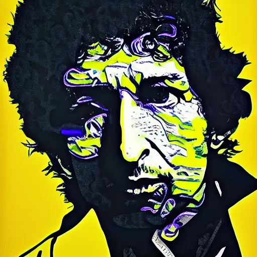 Prompt: psychedelic portrait bob dylan by paul rand