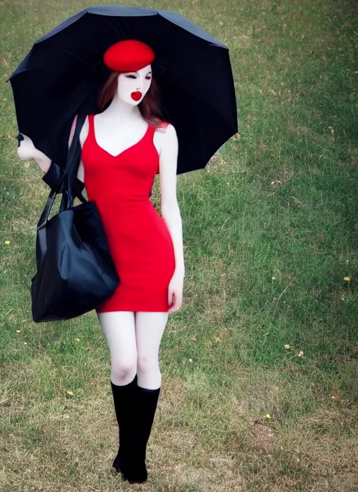 Image similar to a beautiful white pale skin girl, full body, black dress, vibrent red lipstick, a black hat, black umbrella