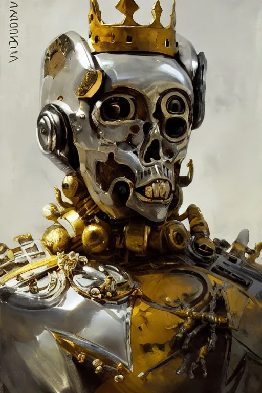 Prompt: beautiful expressive oil painting portrait of ancient robot god queen, silver exoskeleton, with a scratched gold skull mask, japan iconography, art by anders zorn, wonderful masterpiece by greg rutkowski, beautiful cinematic light, american romanticism by greg manchess, jessica rossier