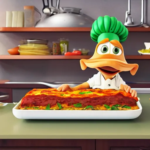 Image similar to pixar style cute platypus on a kitchen wearing a chef hat and holding a lasagna into an over, with three basil leaves over the lasagna, pixar style, 3 d, ratatouille style