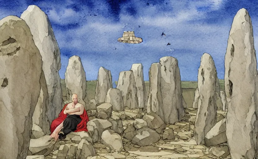 Image similar to a hyperrealist watercolor fantasy concept art of giant monk with a long forehead in grey robes sitting in stonehenge. several large stones are floating in the air. in the background a large ufo is in the sky. by rebecca guay, michael kaluta, charles vess