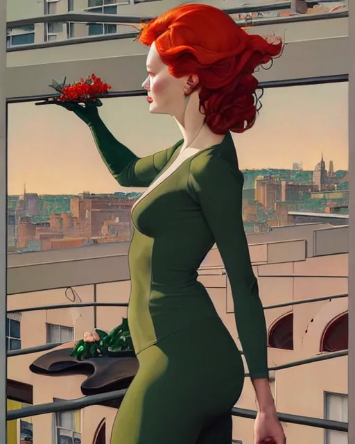 Image similar to joshua middleton, phil noto, norman rockwell, artgerm, emma stone poison ivy dc comics, vines, symmetrical eyes, city rooftop