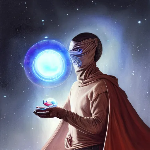 Image similar to masked nomad male wearing a cloak on an alien world and holding a holographic planet projection in his hand, detailed, sci - fi, digital painting, artstation, sharp focus, illustration, ominous, artgerm, tomasz alen kopera, peter mohrbacher, donato giancola, joseph christian leyendecker, wlop, frank frazetta