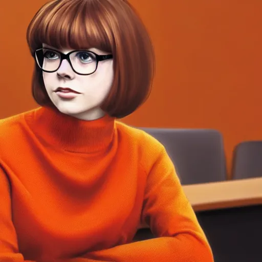 Image similar to Stunning Beautiful Portrait Scene of Velma Dinkley wearing her iconic orange sweater from Scooby Doo in court for falsely accusing someone of being a criminal by Greg Rutkowski. Velma is a teenage female, with chin-length auburn hair and freckles. She is somewhat obscured by her fashion choices, wearing a baggy, thick turtlenecked orange sweater, with a red skirt, knee length orange socks and black Mary Jane shoes. Soft render, Pixiv, artstation