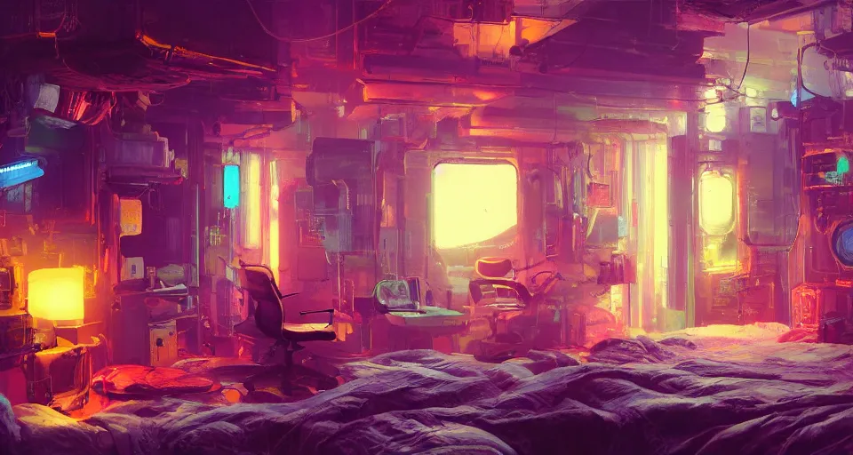 Image similar to IKEA catalogue photo of a cyberpunk bedroom, by Paul Lehr, 8k, HD, realistic, cinematic, artstation, details