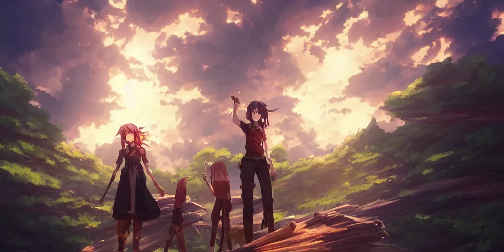 Image similar to isekai masterpiece by mandy jurgens, irina french, rachel walpole, ross tran, illya kuvshinov, and alyn spiller of an anime woman standing tree log looking up at giant crystals, high noon, cinematic, very warm colors, intense shadows, ominous clouds, anime illustration, anime screenshot composite background
